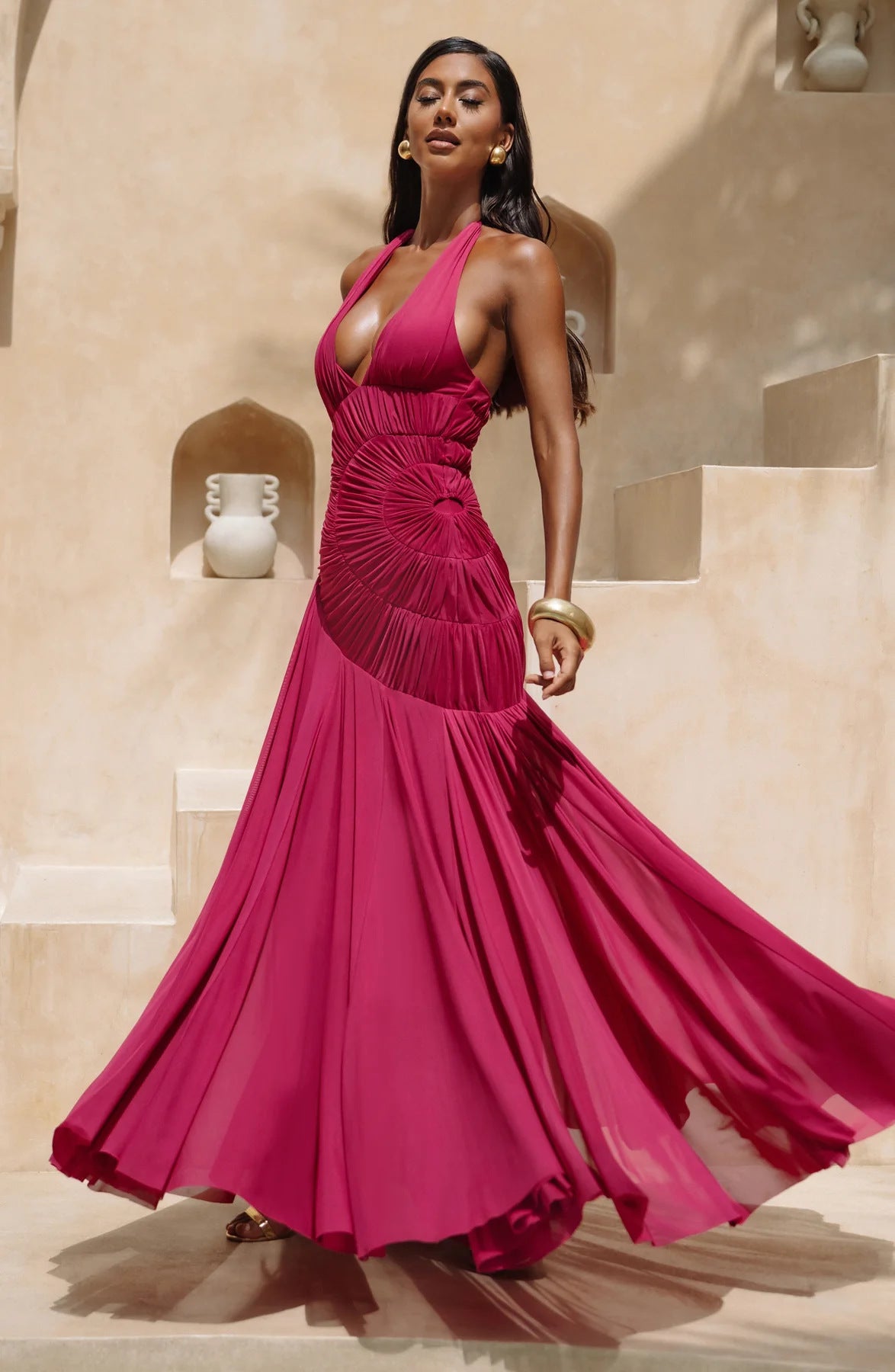 Deep V-Neck Backless Halter Neck Sleeveless Dress