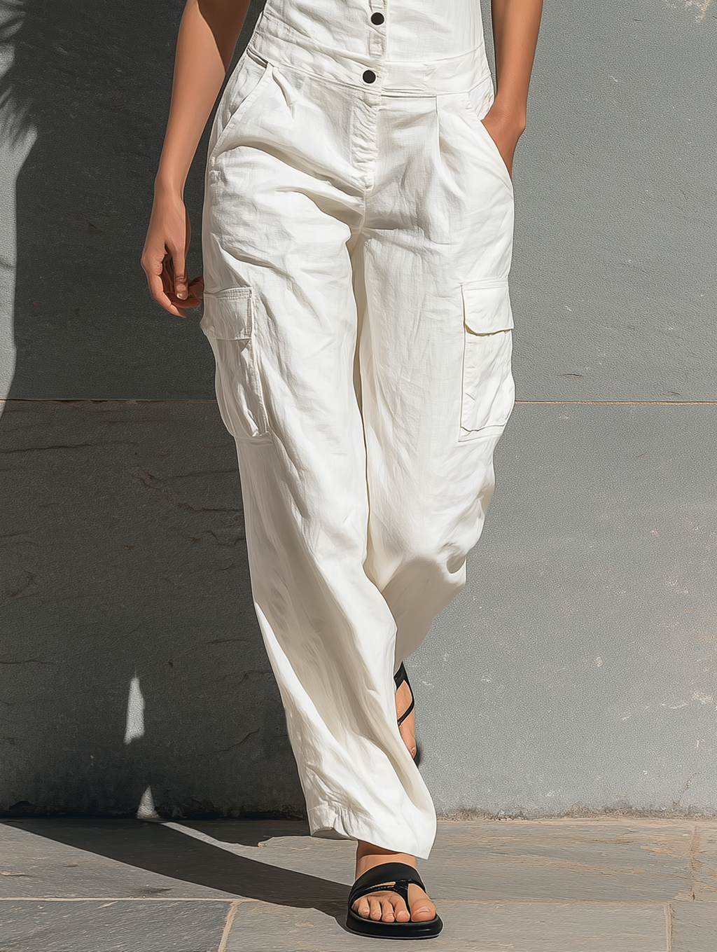 Cotton Linen Sleeveless Cargo Jumpsuit for Women Summer Casual Loose Fit Overalls with Button Front and Multiple Pockets