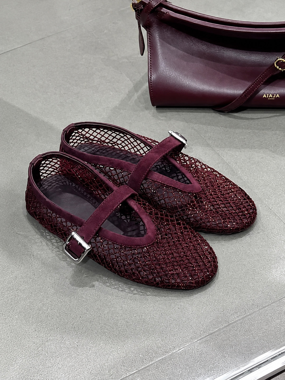 Mesh Mary Jane Flats – Faux Suede Sparkle Ballet Shoes