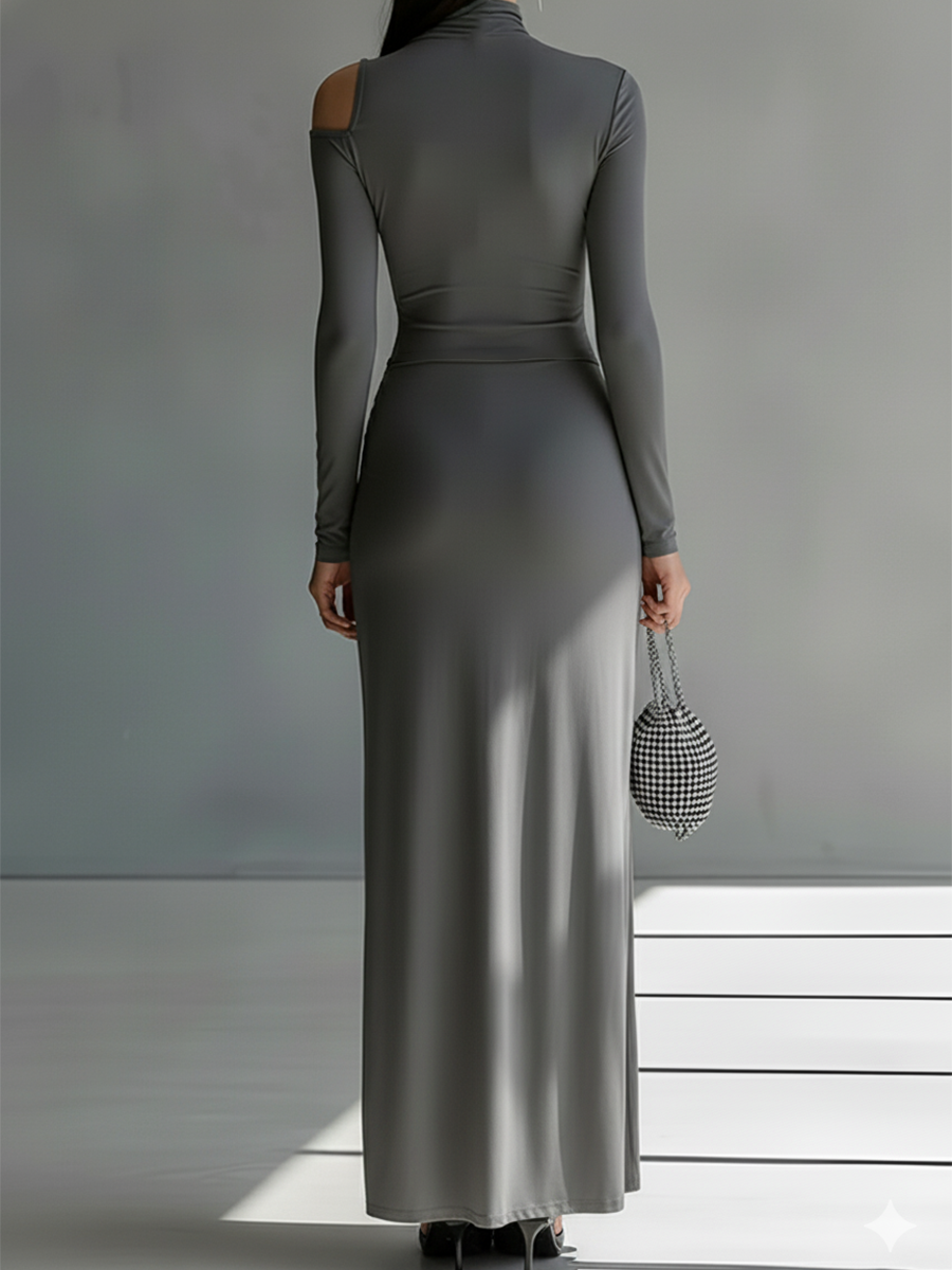 Stretch Knit Long Sleeve High Neck Draped Maxi Dress with Cut-Out Detail