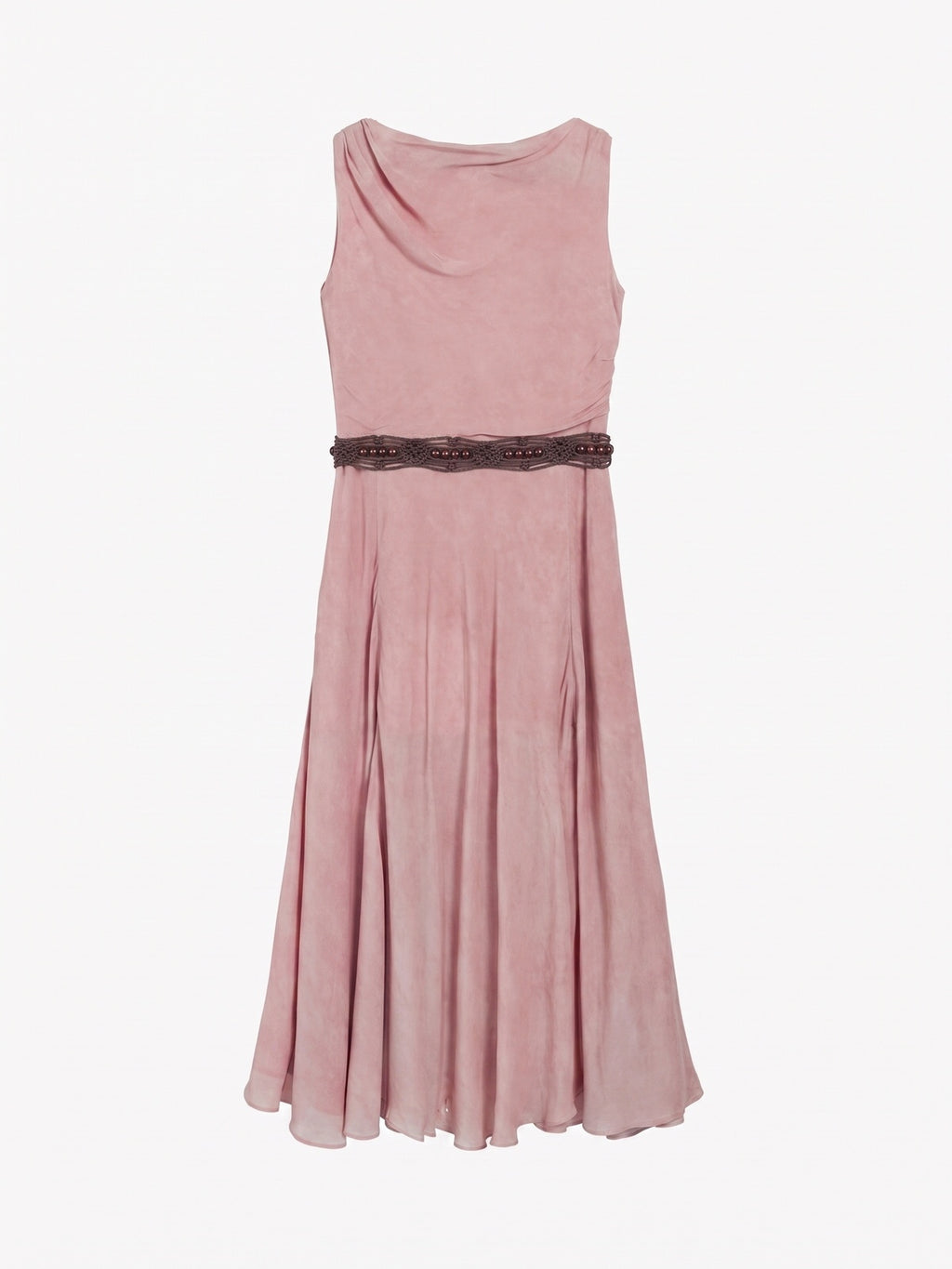 Gathered Split-Neck Tie-Waist Midi Dress