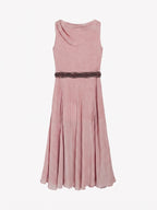 Gathered Split-Neck Tie-Waist Midi Dress