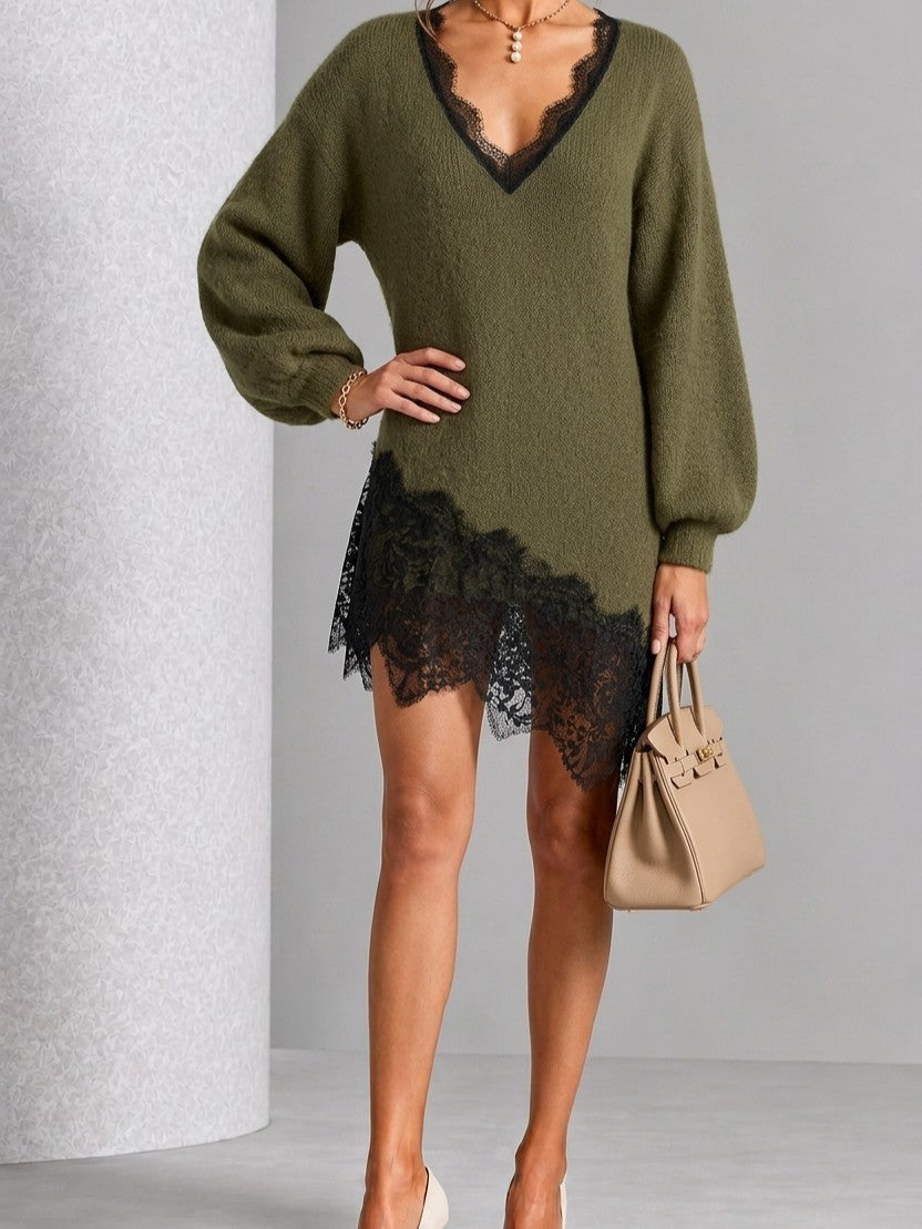Elegant Lace Patchwork Mini Knit Dress