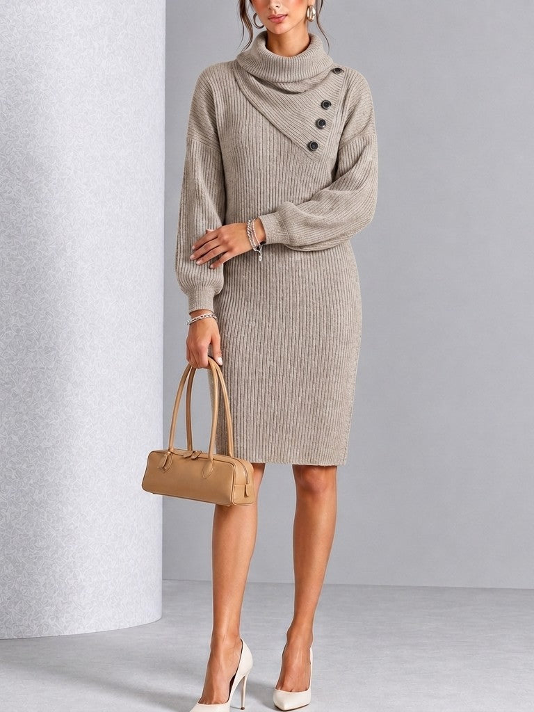 Casual Rib-Knit High-Neck Pocket Dress