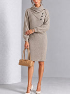 Casual Rib-Knit High-Neck Pocket Dress