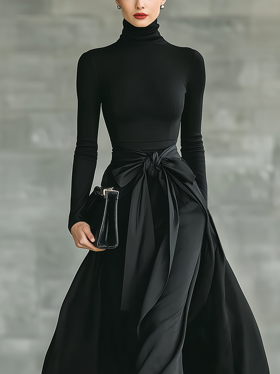 Silk Satin High-Low Maxi Skirt with Bow Belt and Turtleneck Top Set