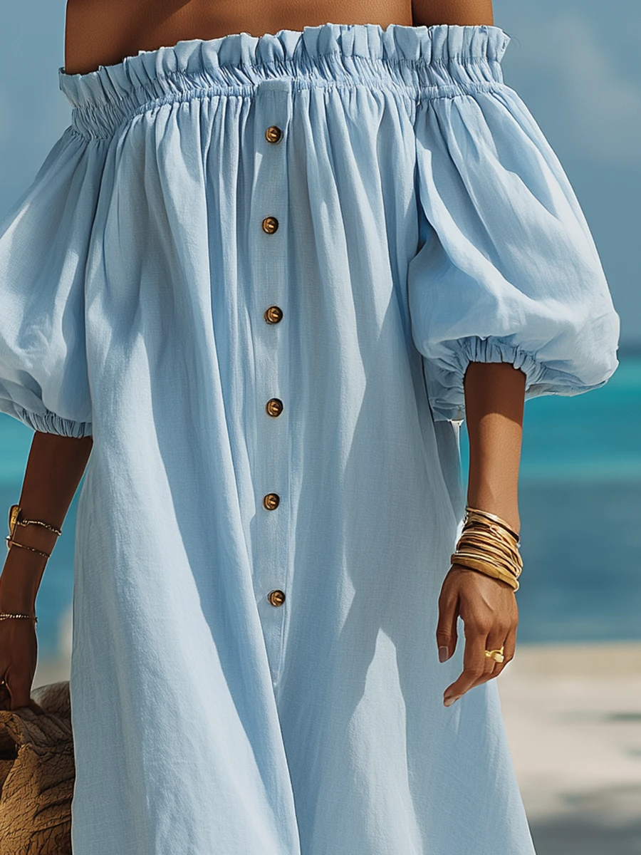 Vacation-Style Blue Off-Shoulder Short-Sleeve Loose Maxi Dress