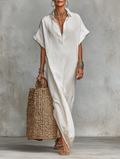 Linen Long Kaftan Dress for Women - Boho Summer Maxi Shift Dress with Button Front and Short Sleeves