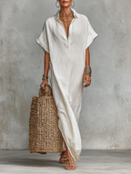 Langes Kaftankleid aus Leinen für Damen - Boho Sommer Maxikleid mit Knopfleiste und kurzen Ärmeln