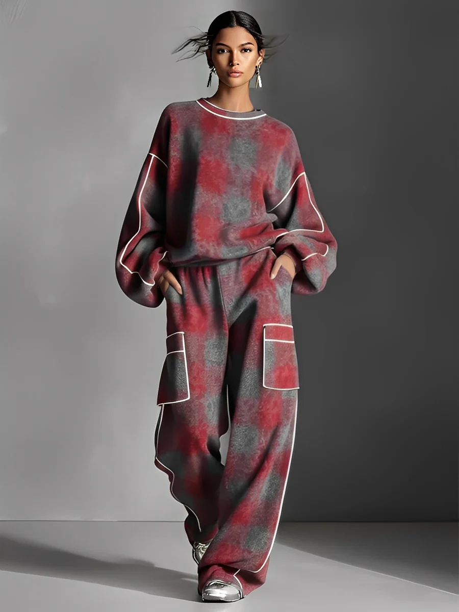 Fleece-Lined Plaid Oversized Sweater Set with Pockets and Ribbed Hem