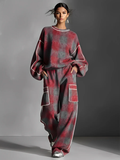 Fleece-Lined Plaid Oversized Sweater Set with Pockets and Ribbed Hem