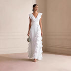 Seiden-Maxikleid mit V-Ausschnitt, Wickeloptik und Rüschen