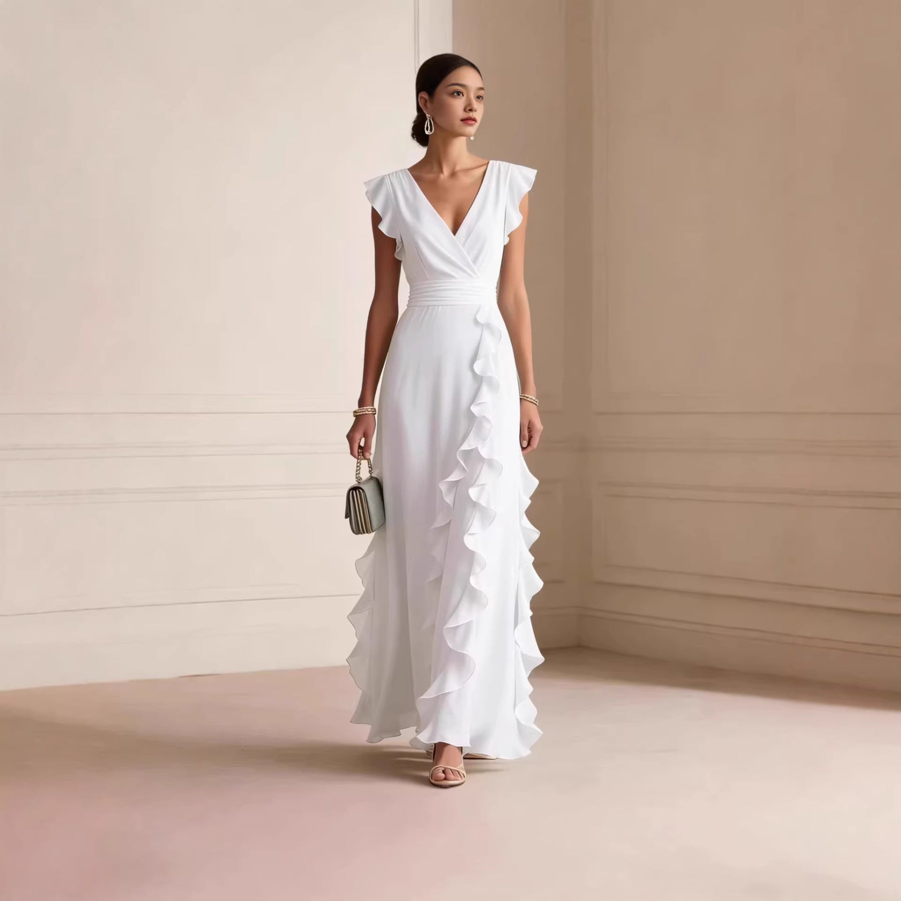 Silk V-Neck Ruffle Wrap Maxi Dress