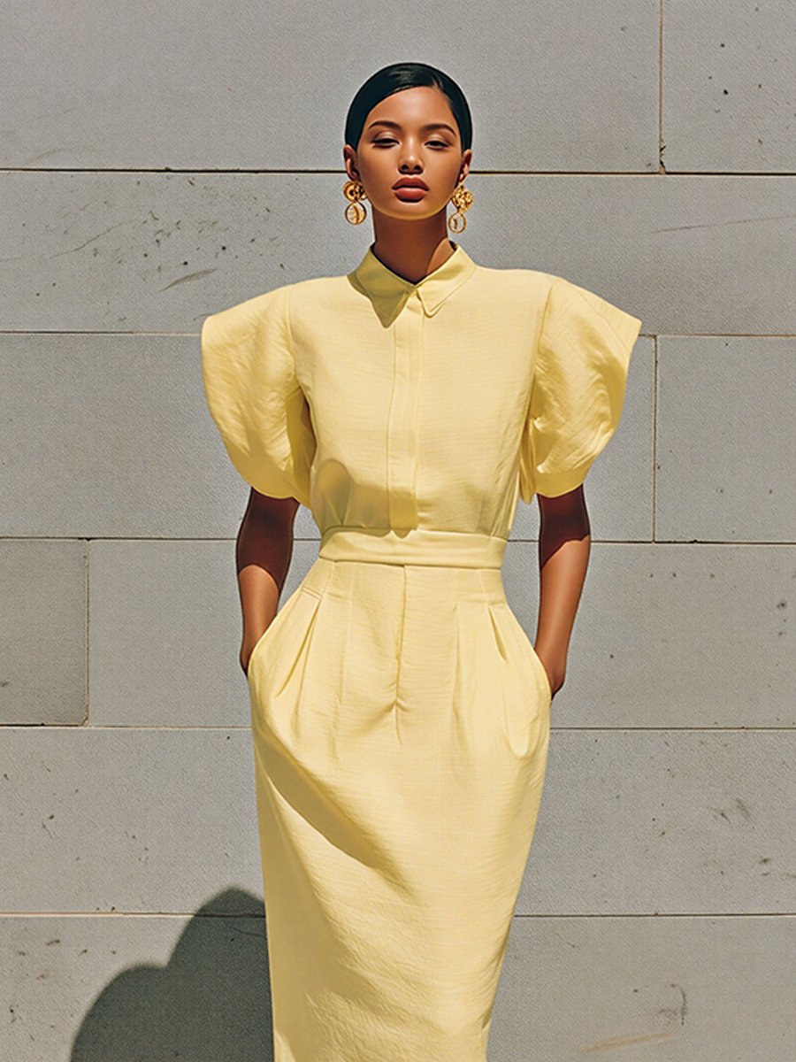 Cotton Linen Yellow Puff Sleeve Midi Dress with Collar and Belted Waist