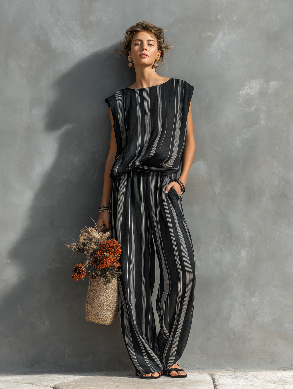 Linen-Blend Striped Jumpsuit for Women - Loose Fit, Sleeveless, Wide Leg, Summer Casual Wear