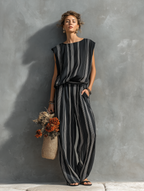 Mono de mujer a rayas, de mezcla de lino - Corte holgado, sin mangas, pierna ancha, ropa informal de verano