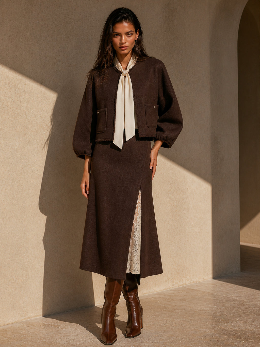 Button Cropped Cardigan Skirt Set