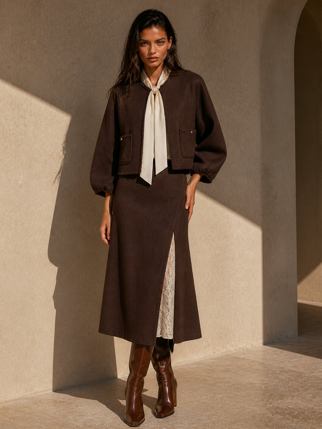 Button Cropped Cardigan Skirt Set