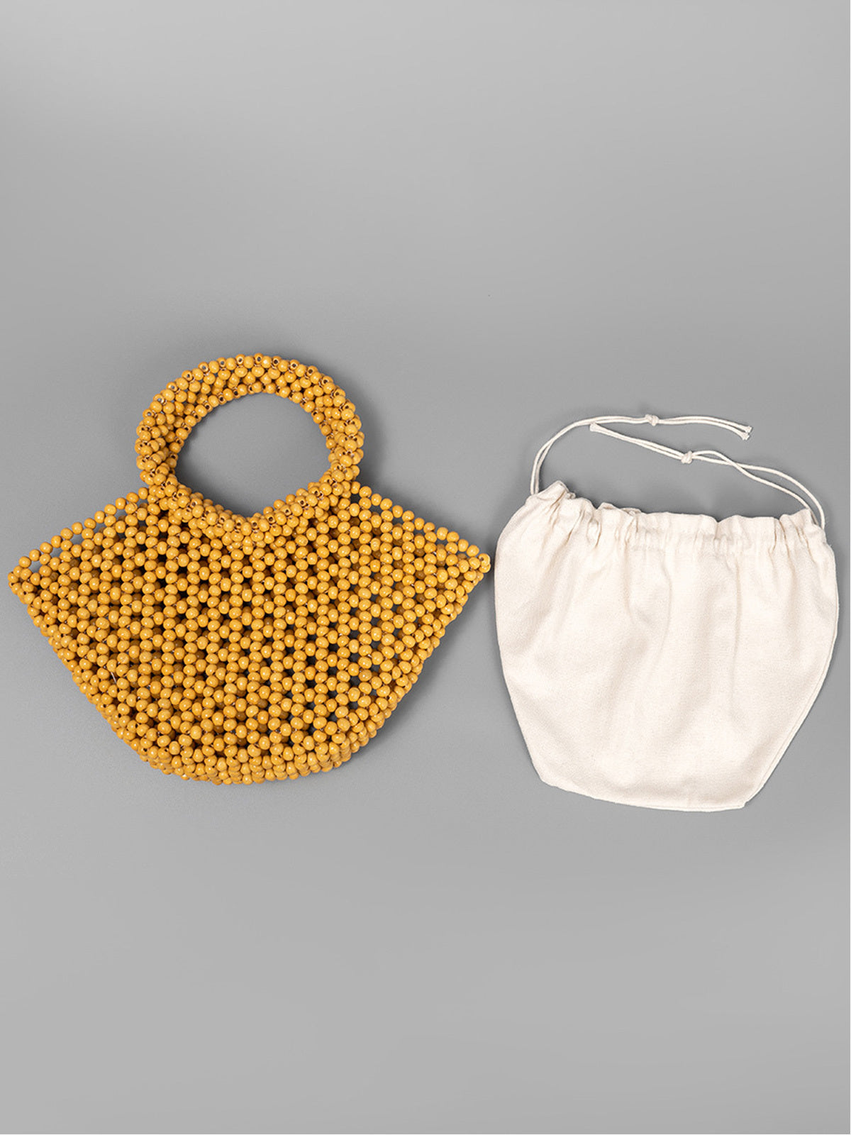 Wooden Bead Woven Tote Bag with Cotton Pouch
