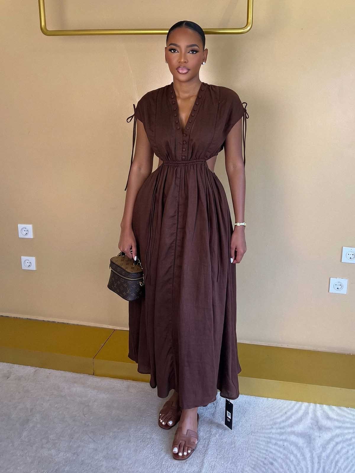Linen V Neck Cut Out Midi Dress