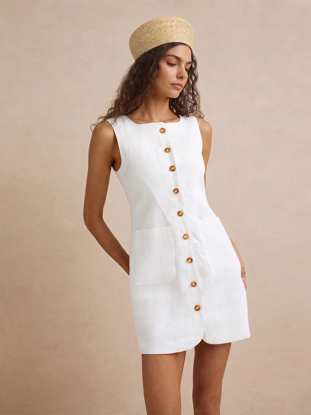 Button-Front Linen Mini Dress