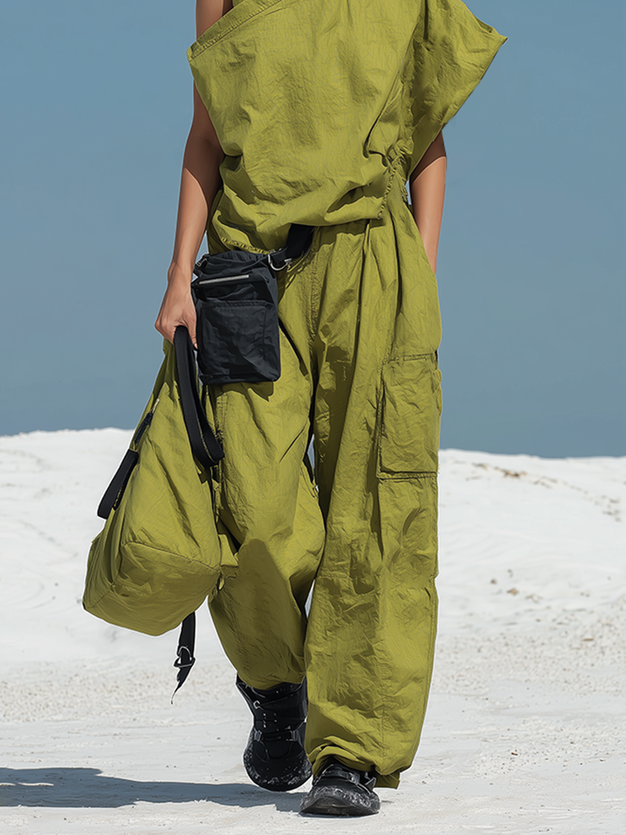 Cotton Linen Asymmetrical Sleeveless Jumpsuit with Cargo Pockets and Drawstring Waist