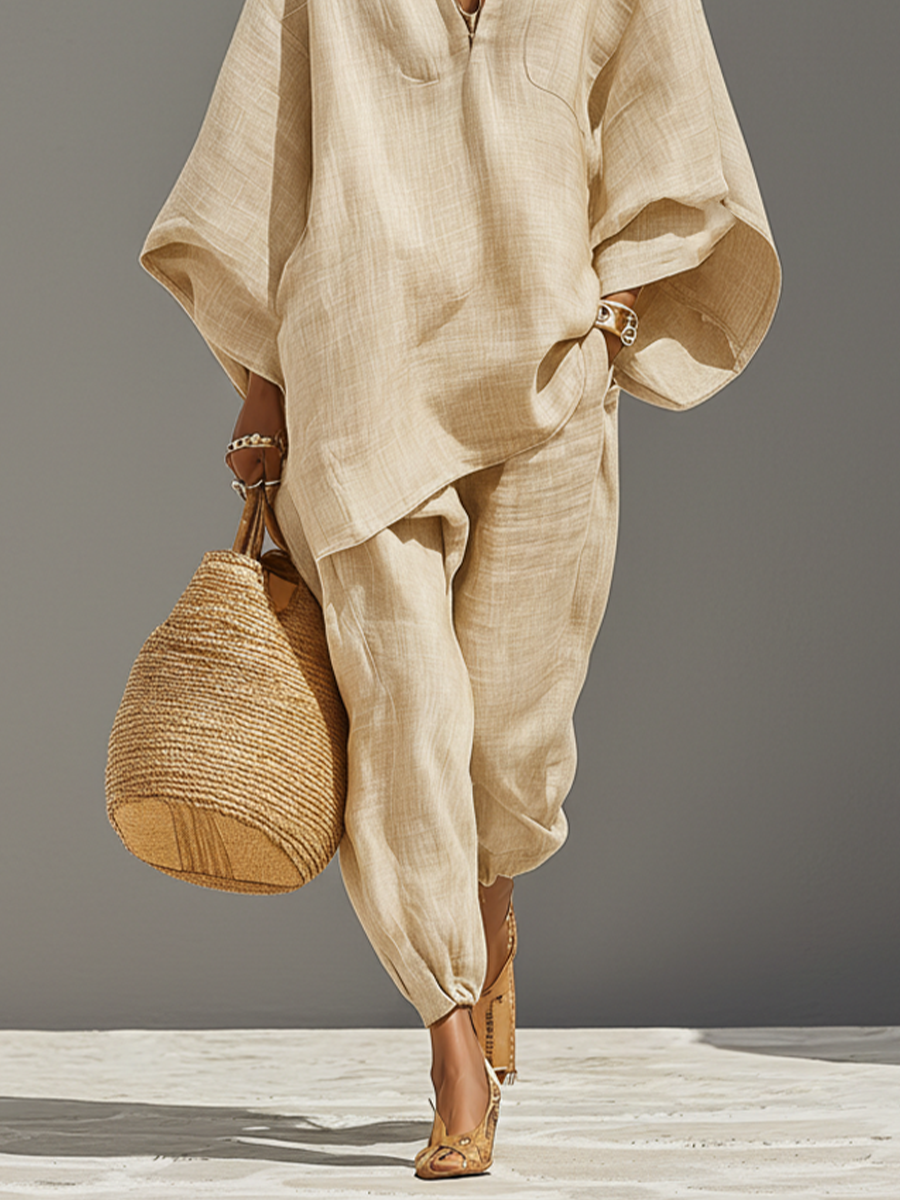 Linen Women's Boho Oversized V-Neck Tunic Top & Matching Pants Set
