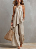 Asymmetrical Halter Linen Top Wide Leg Pants Set