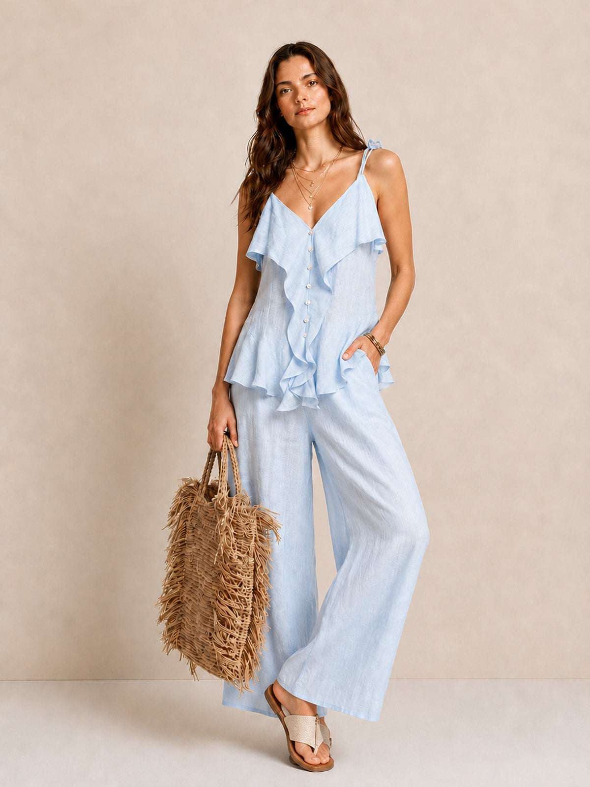 Ruffle Tie Shoulder Pants Set