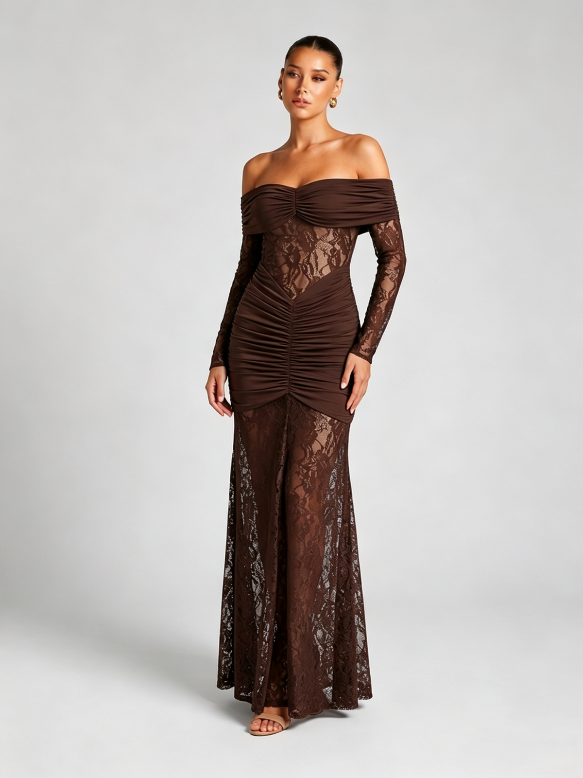 Lace Patchwork Long Sleeve Mermaid Maxi Dress