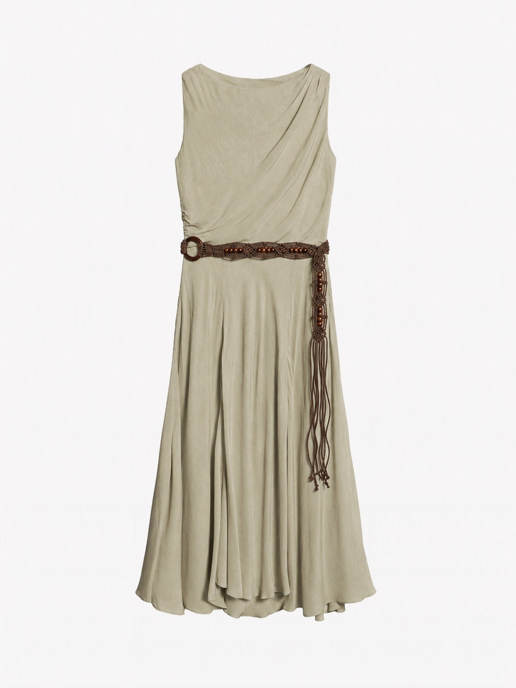 Gathered Split-Neck Tie-Waist Midi Dress