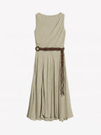 Gathered Split-Neck Tie-Waist Midi Dress