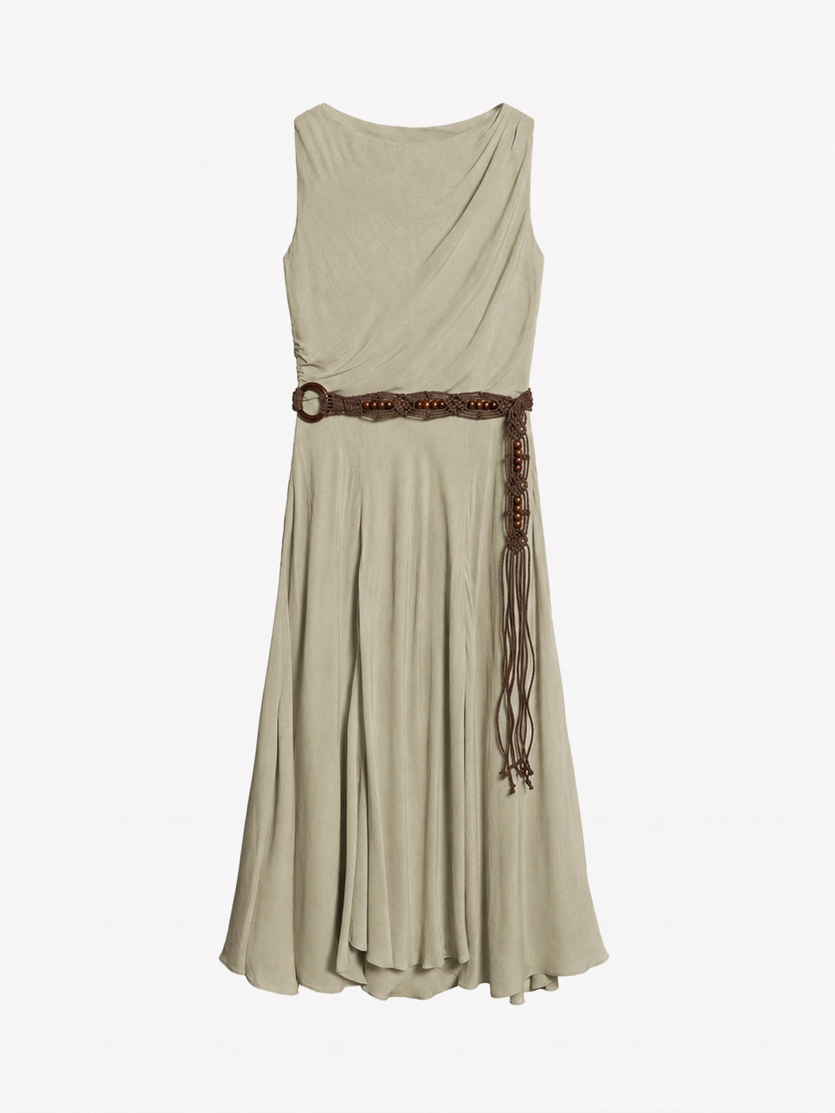 Gathered Split-Neck Tie-Waist Midi Dress