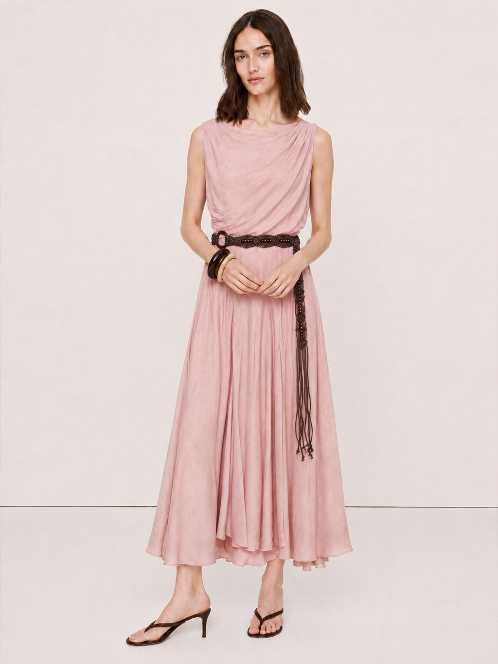 Gathered Split-Neck Tie-Waist Midi Dress