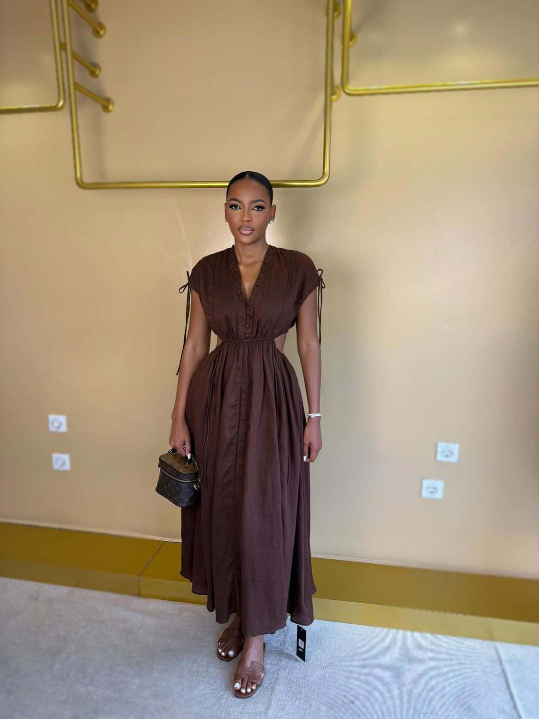 Linen V Neck Cut Out Midi Dress