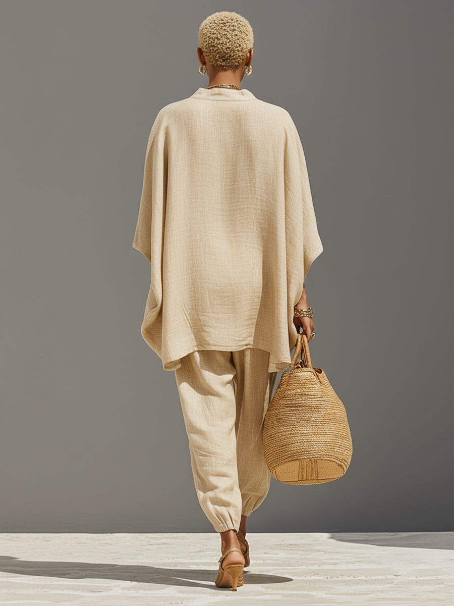 Linen Women's Boho Oversized V-Neck Tunic Top & Matching Pants Set