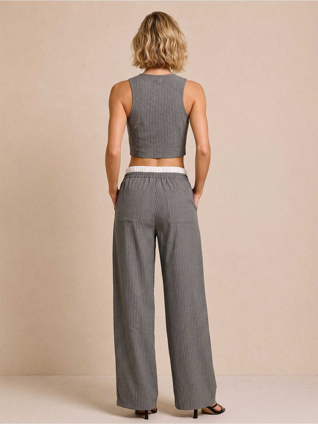 Pink Striped Cotton-Linen Blend Matching Set – Cropped Top & Wide-Leg Pants