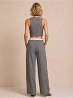 Rosa gestreiftes Set aus Baumwoll-Leinen-Mischung – bauchfreies Oberteil und weite Hose
