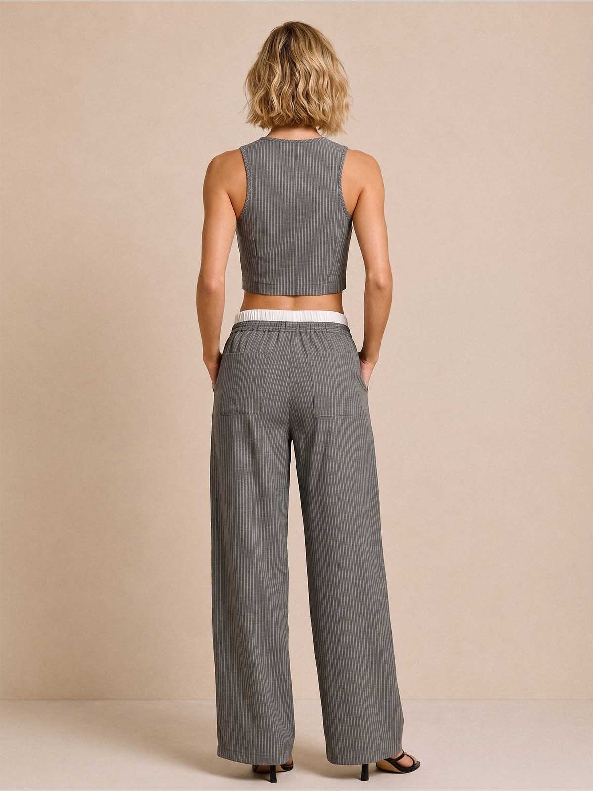 Pink Striped Cotton-Linen Blend Matching Set – Cropped Top & Wide-Leg Pants