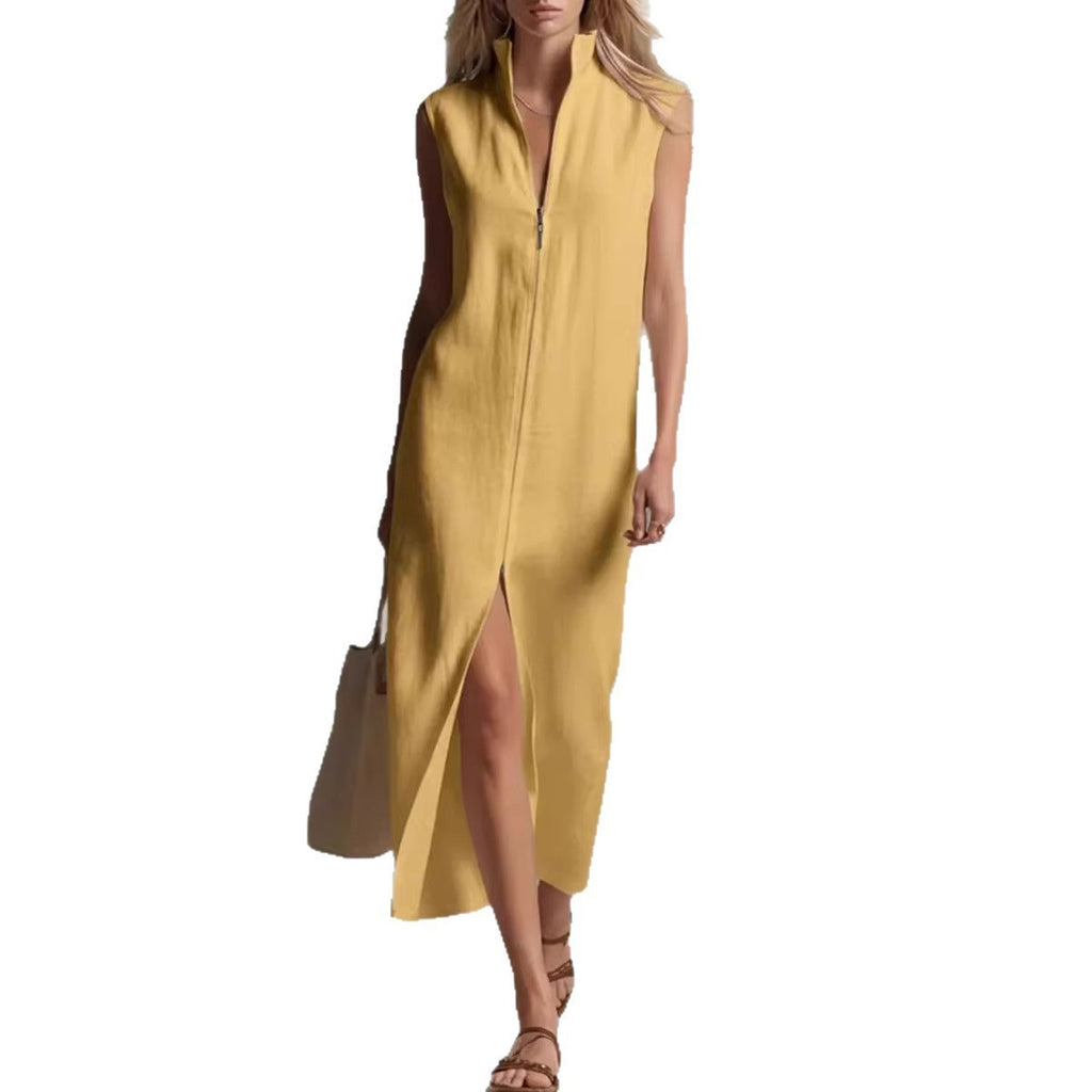 Stand Collar Zip Front Sleeveless Midi Dress