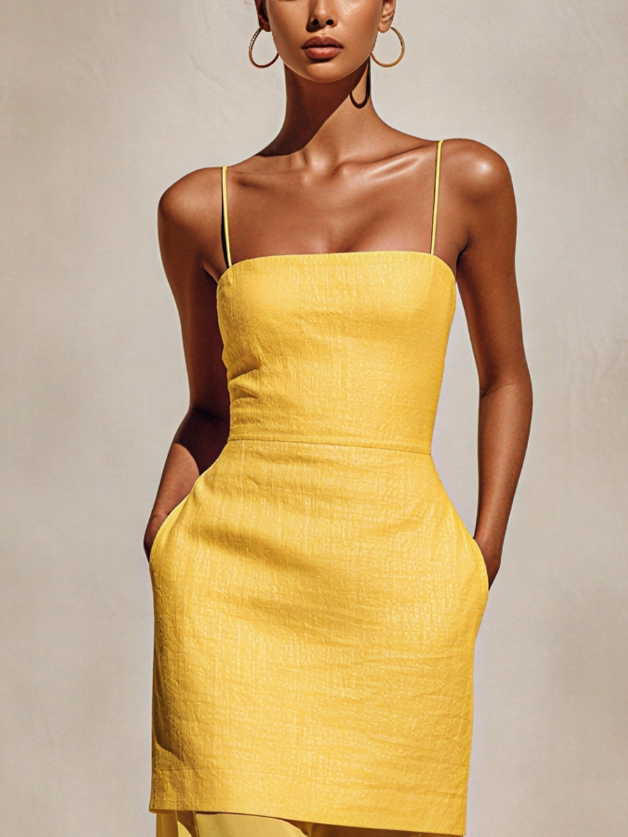 Linen Chiffon Layered Midi Dress with Straps and Side Pockets