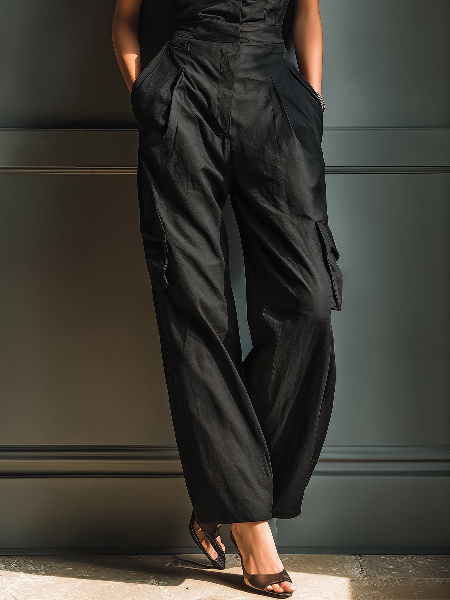 Cotton Blend Sleeveless Wide Leg Jumpsuit with Deep V-Neck and Cargo Pockets