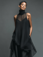 Robe sans manches en maille transparente noire pour femme avec col montant et ourlet asymétrique