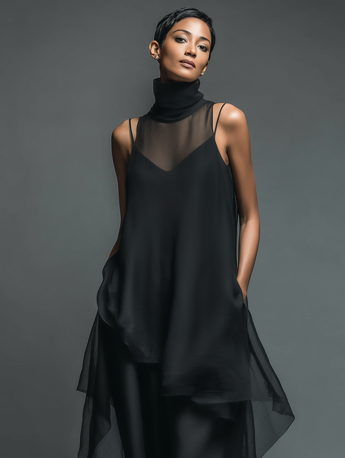 Black Sheer Mesh Sleeveless Dress with High Neck and Asymmetric Hem for Women