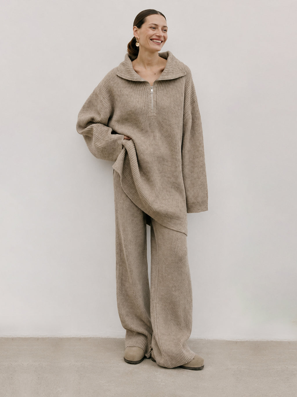 Half Zip Ribbed Knit Set