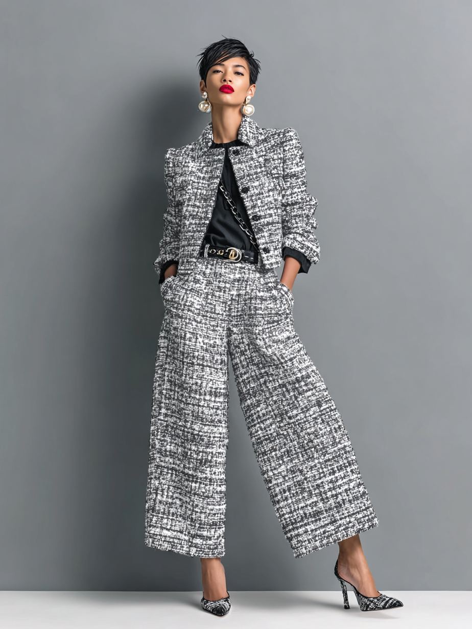 Tweed Wool Blend Wide Leg Pants & Blazer Set for Women - Stylish Office Workwear with Plaid Pattern and Belted Design