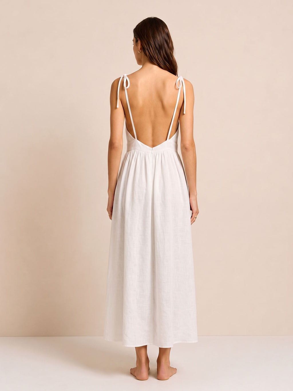 Linen-Blend V-Neck Maxi Dress with Adjustable Spaghetti Straps
