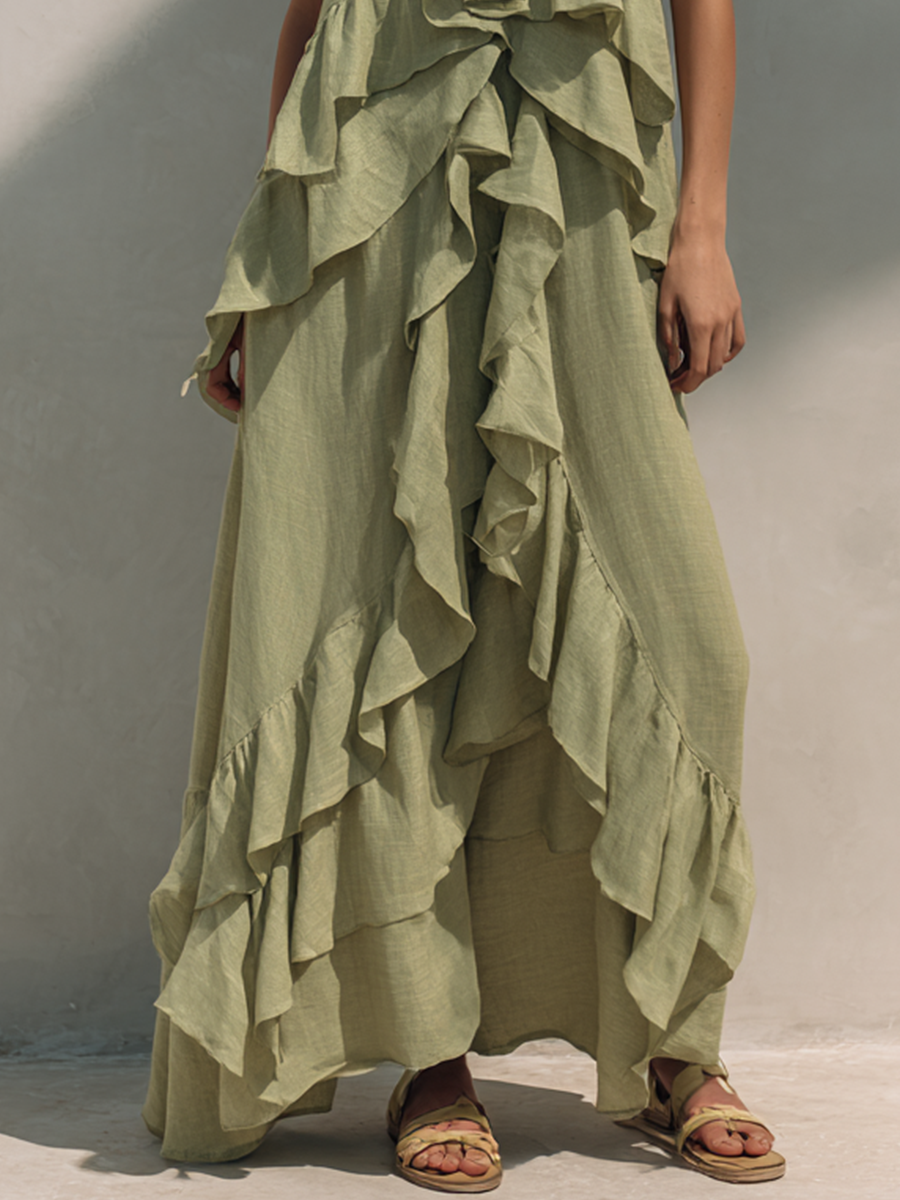 Ruffle Details Linen Layered Maxi Dress