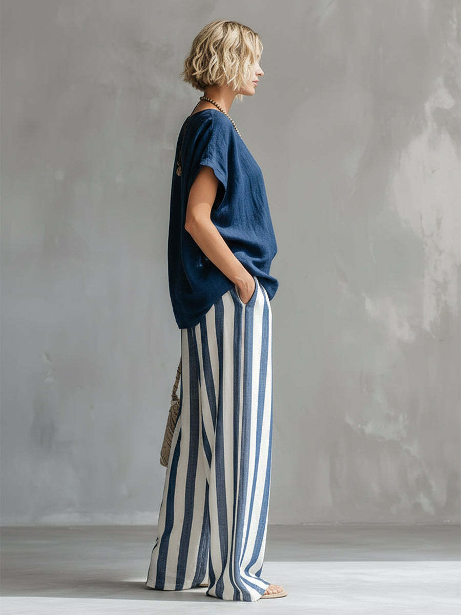 Blue Striped Linen Wide Leg Pants