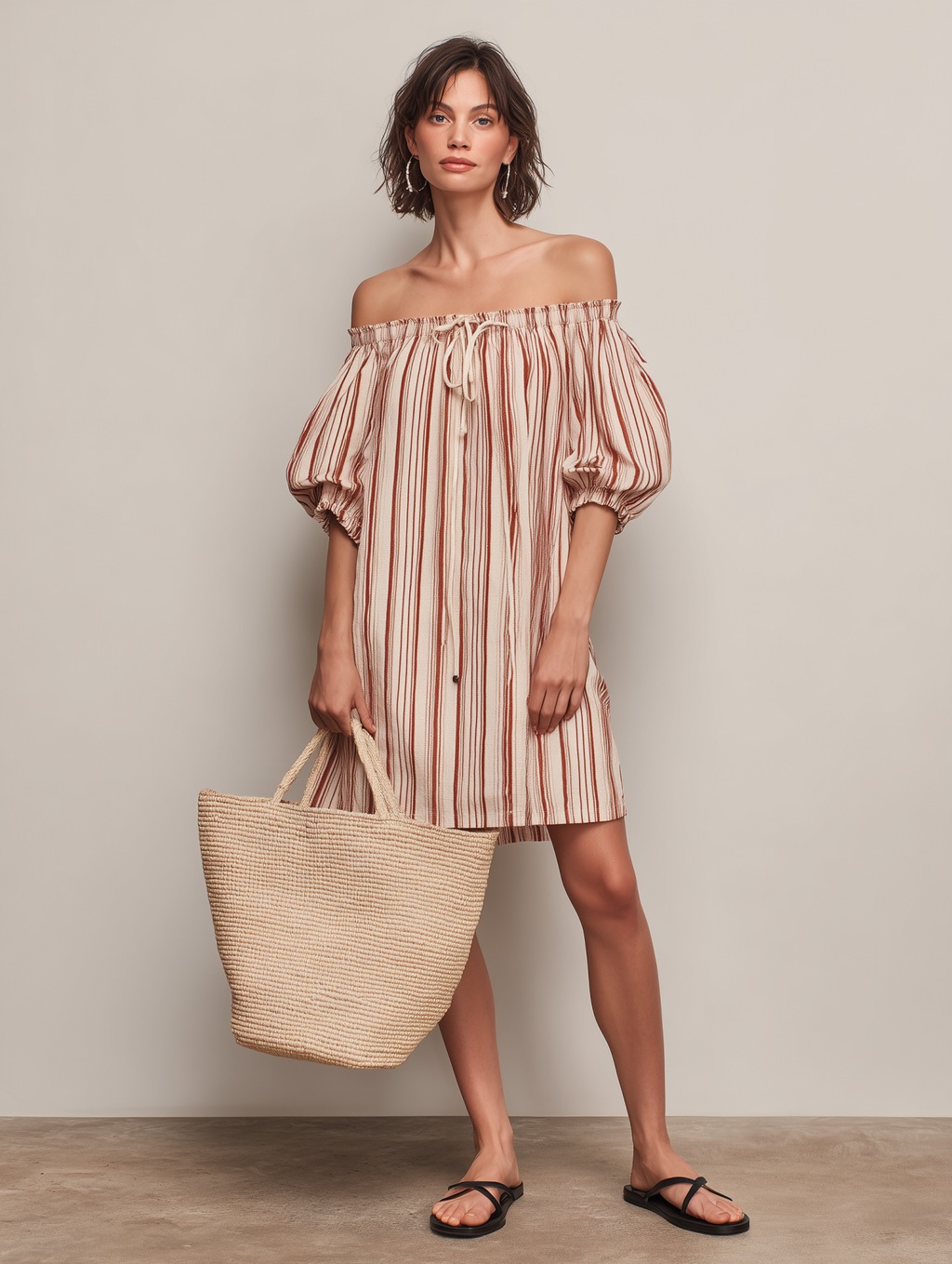 Cotton Striped Off-Shoulder Dress with Puff Sleeves and Drawstring Neckline
